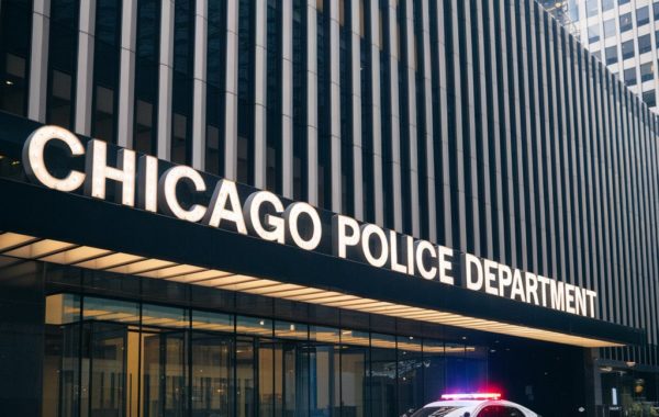 A photo of the exterior of the Chicago Police Department headquarters, a modern building with a black and white striped pattern. The building has a large, illuminated sign that reads "Chicago Police Department". There is a red and white police car parked outside, with its lights flashing. The background contains tall buildings.