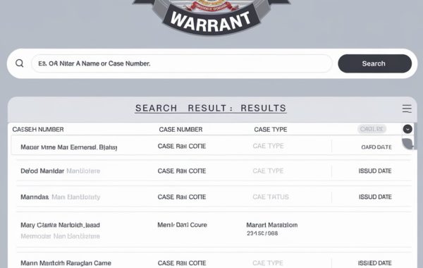 A digital image of a Cook County warrant search results page. There is a search bar at the top where users can enter a name or case number. Below the search bar, there is a list of search results with columns for the case number, case type, case status, and issued date. The background is a light grey colour.